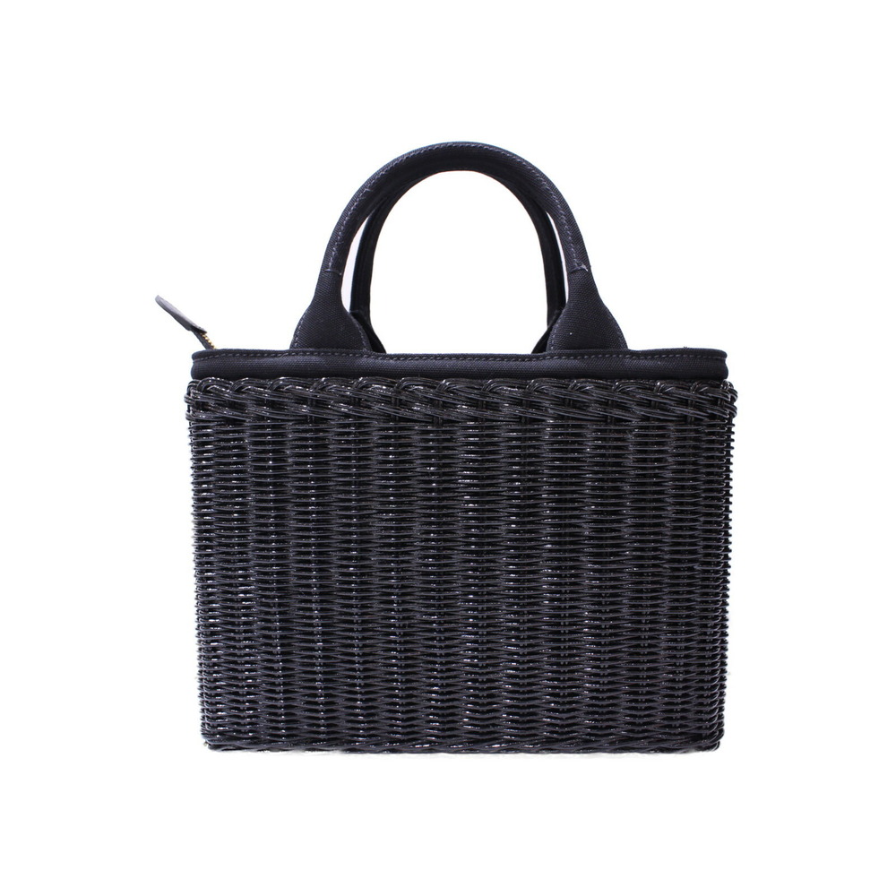 Prada Basket Bag Wicker Canvas Black Mirror Shoulder Strap - Picture 4 of 7